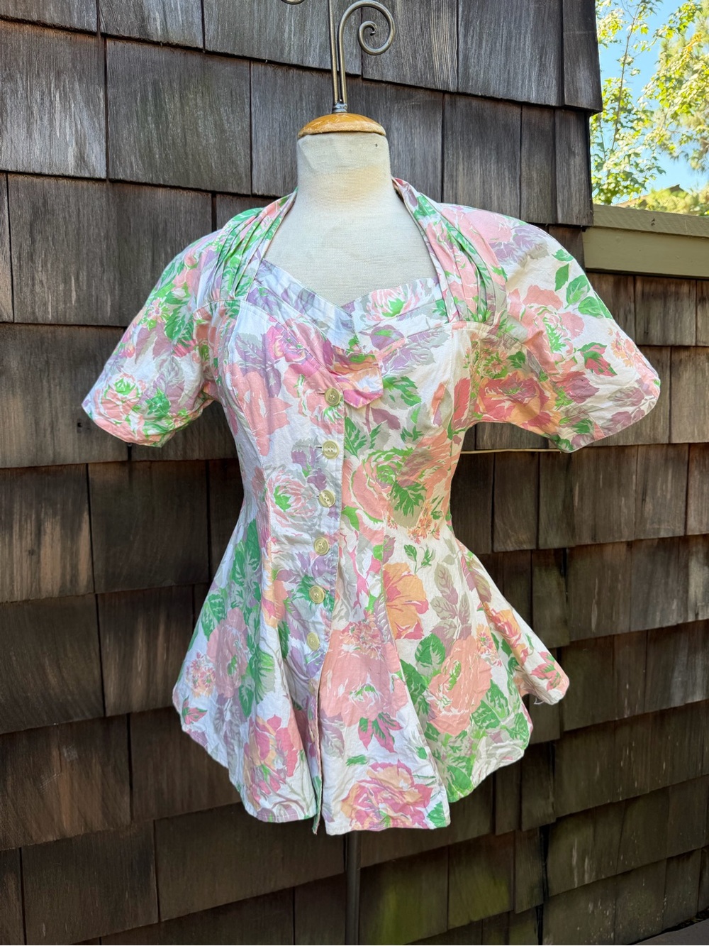 Vintage Foxy Lady floral pastels peplum top blouse cotton sz 8 padded shoulders